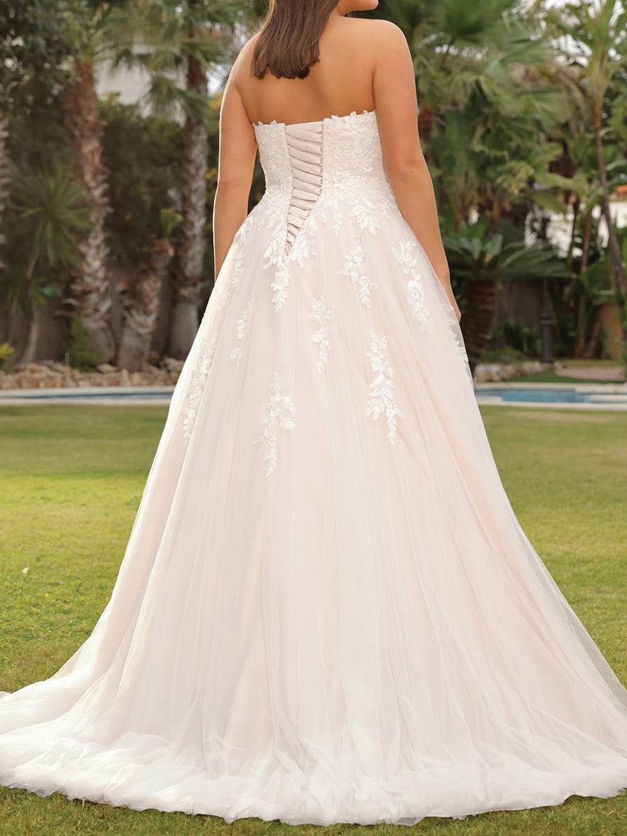 A-line Off-the-Shoulder Appliques Lace Sweep Train Tulle Corset Wedding Dress