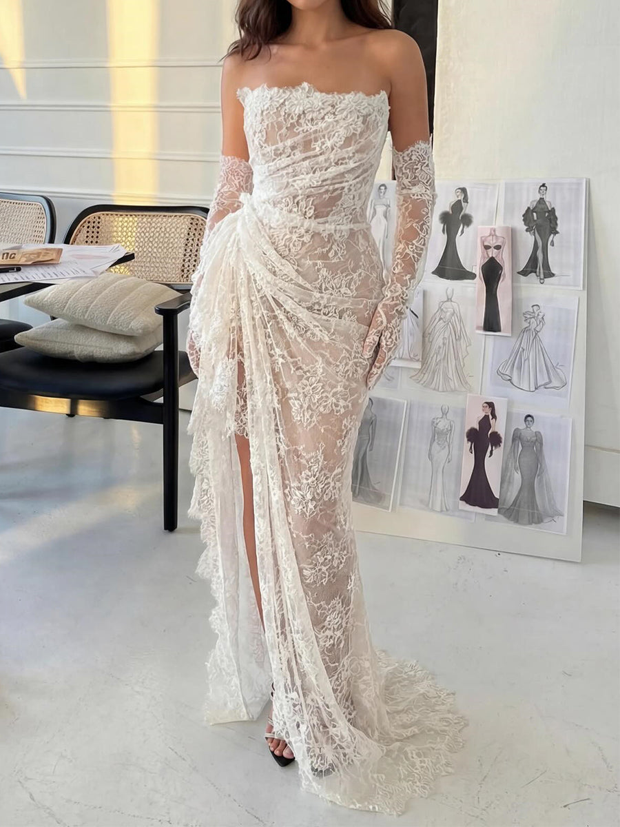 Sheath/Column Straight Long Sleeves Appliques Lace Sweep Train Lace Wedding Dress