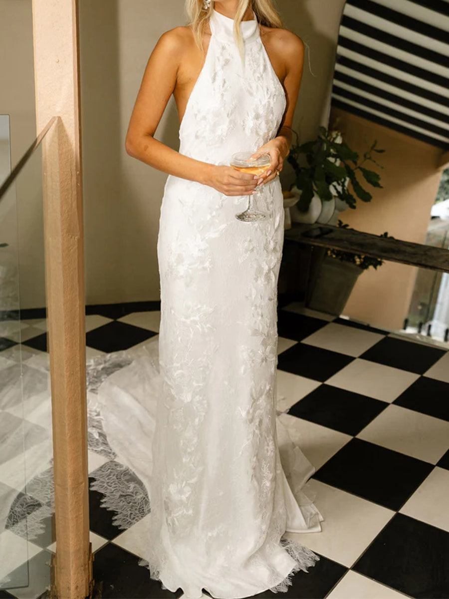 Sheath/Column Halter Appliques Lace Chapel Train Stretch Crepe Wedding Dress