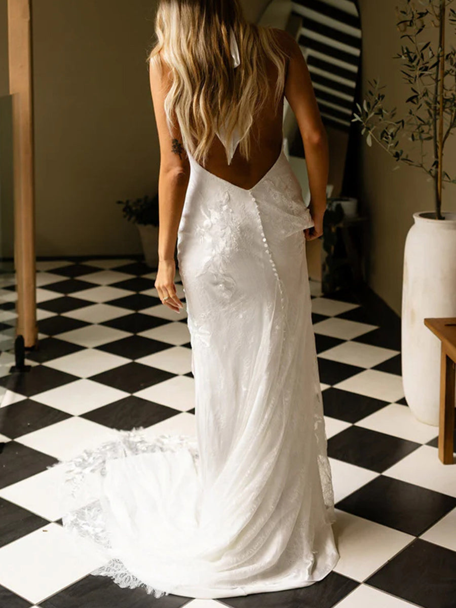 Sheath/Column Halter Appliques Lace Chapel Train Stretch Crepe Wedding Dress