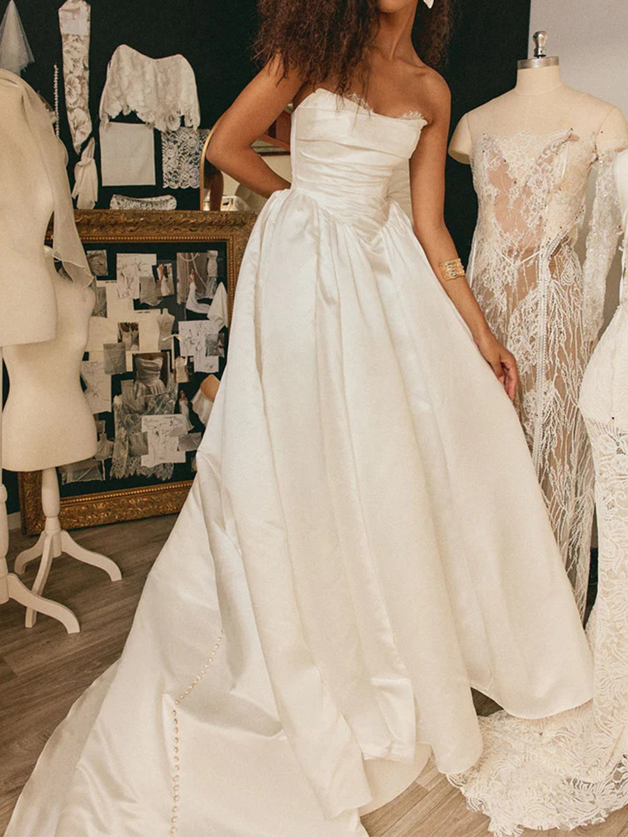 A-line/Princess Straight Pleated Chapel Train Satin Corset Wedding Dress