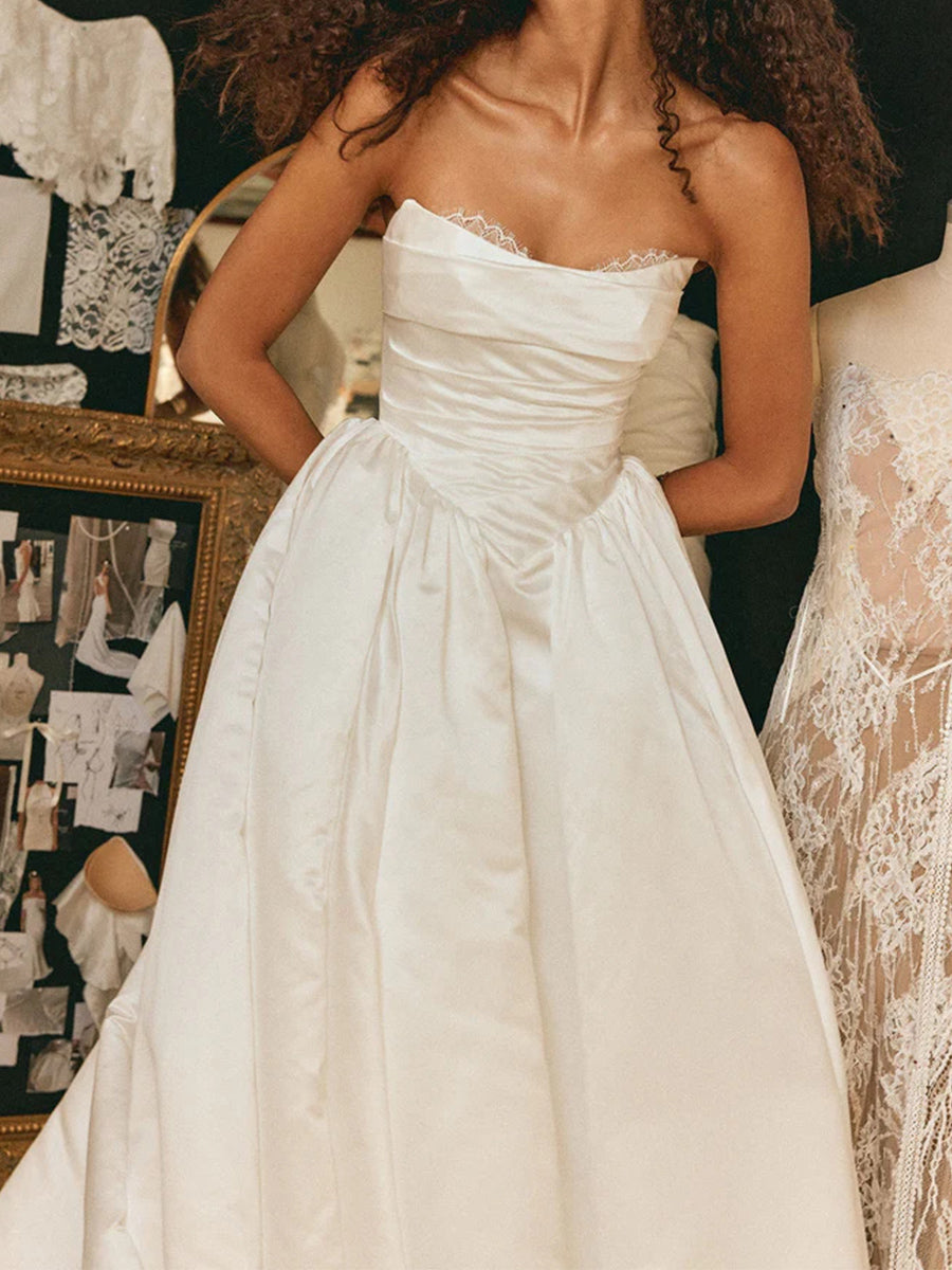 A-line/Princess Straight Pleated Chapel Train Satin Corset Wedding Dress