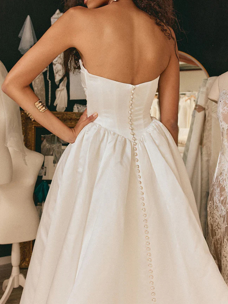 A-line/Princess Straight Pleated Chapel Train Satin Corset Wedding Dress