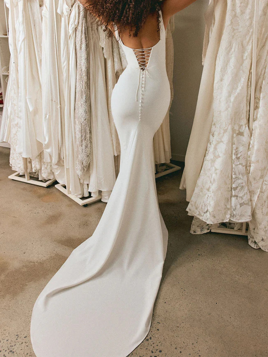 Sheath/Column Square Pleated Chapel Train Stretch Crepe Wedding Dress