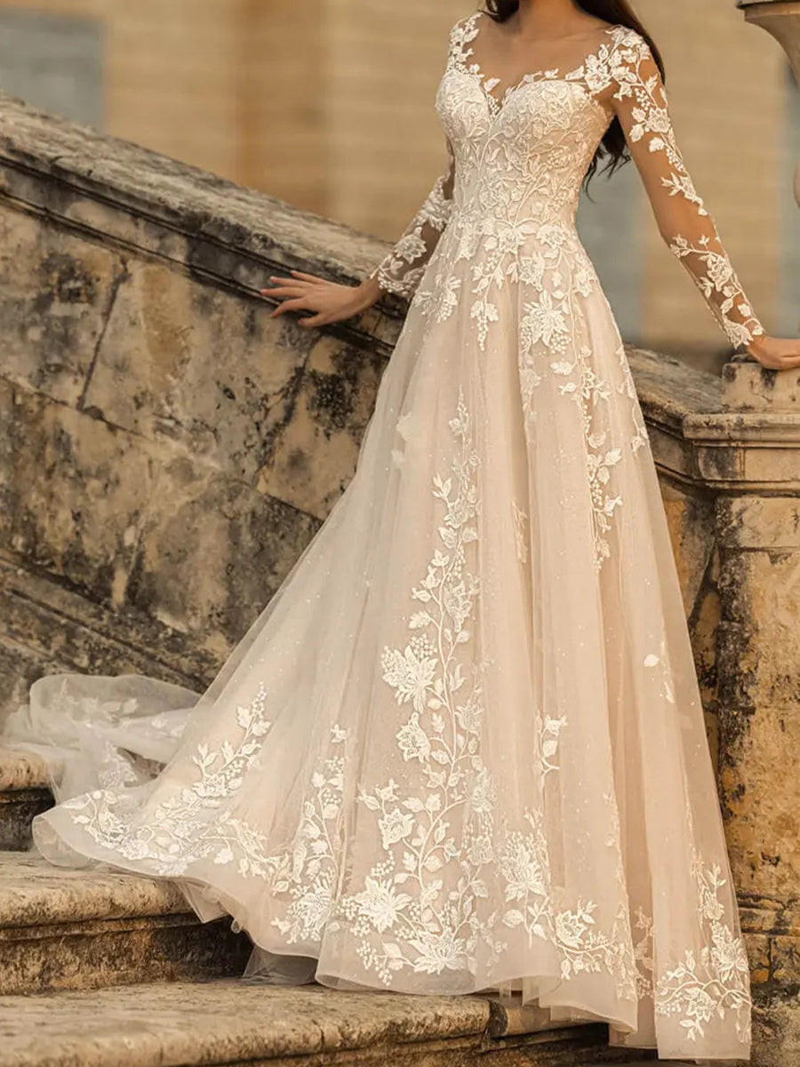 A-line/Princess Sweetheart Long Sleeves Appliques Lace Court Train Tulle Corset Wedding Dress