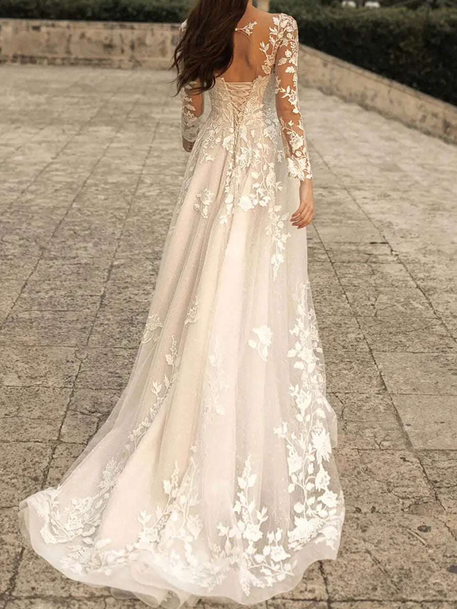 A-line/Princess Sweetheart Long Sleeves Appliques Lace Court Train Tulle Corset Wedding Dress