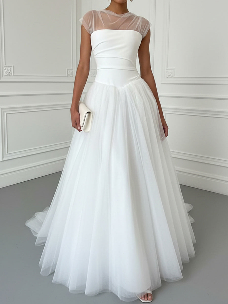 A-line/Princess Scoop Pleated Court Train Tulle Corset Wedding Dress