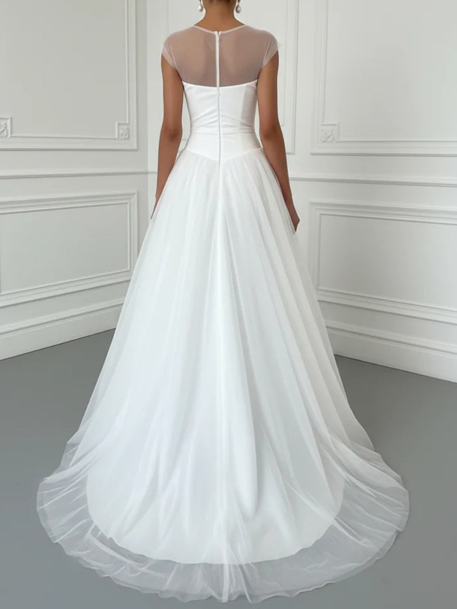 A-line/Princess Scoop Pleated Court Train Tulle Corset Wedding Dress