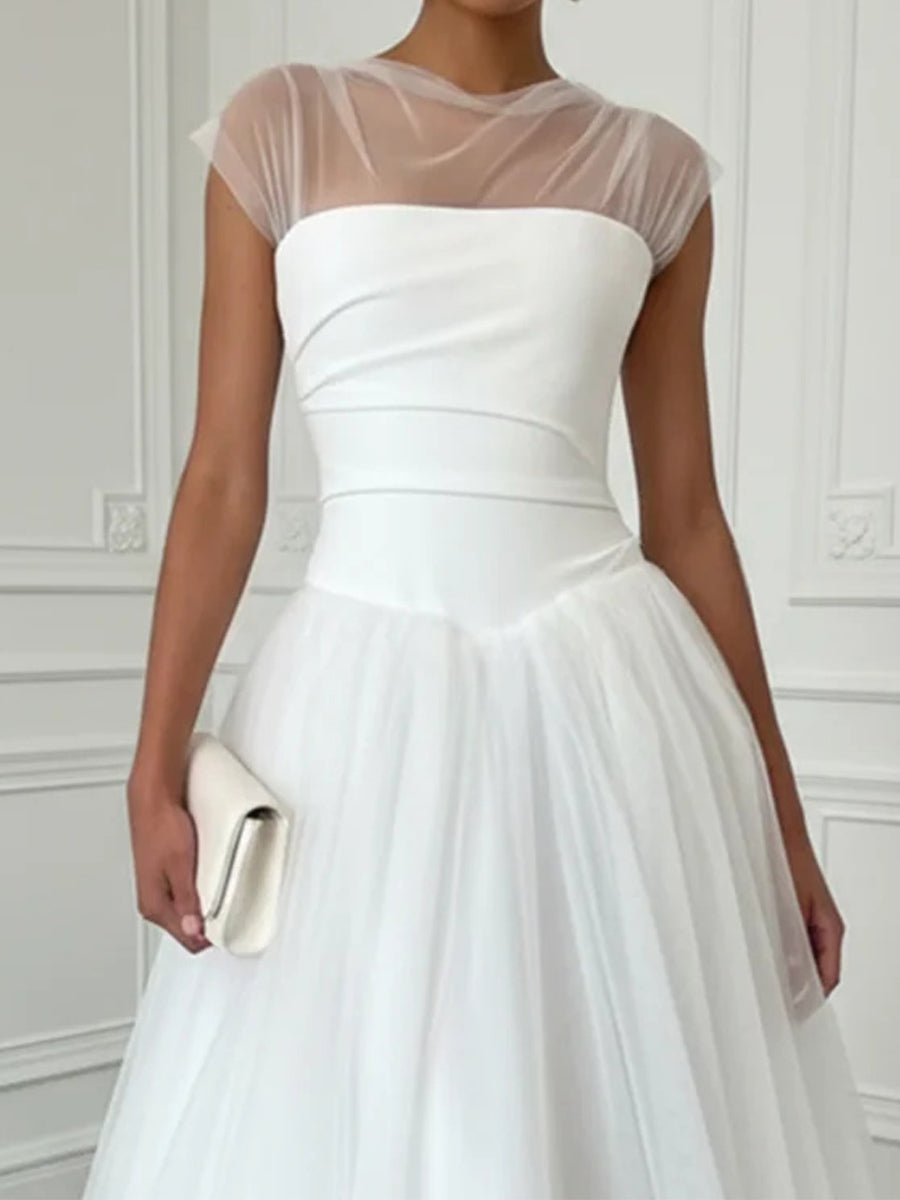 A-line/Princess Scoop Pleated Court Train Tulle Corset Wedding Dress
