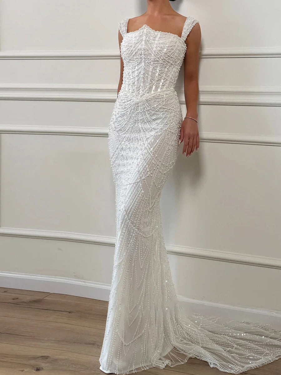 Sheath/Column Square Chapel Train Tulle Corset Wedding Dress