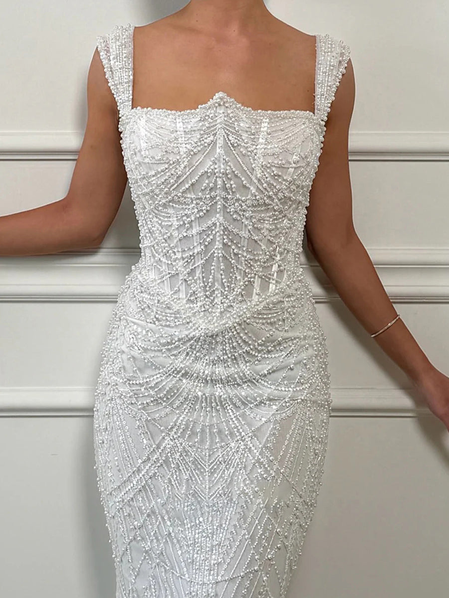 Sheath/Column Square Chapel Train Tulle Corset Wedding Dress