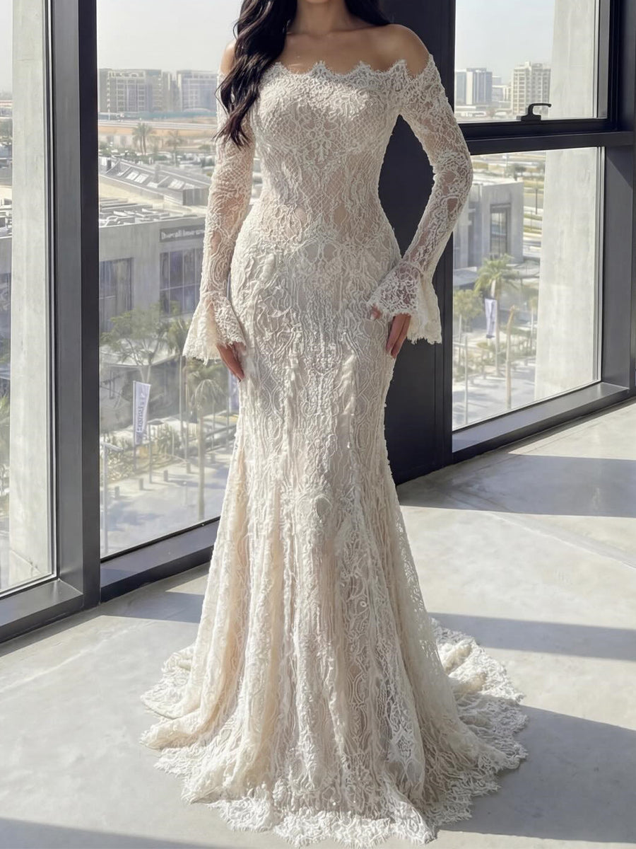 Sheath/Column Cold Shoulder Long Sleeves Pleated Court Train Lace Wedding Dress