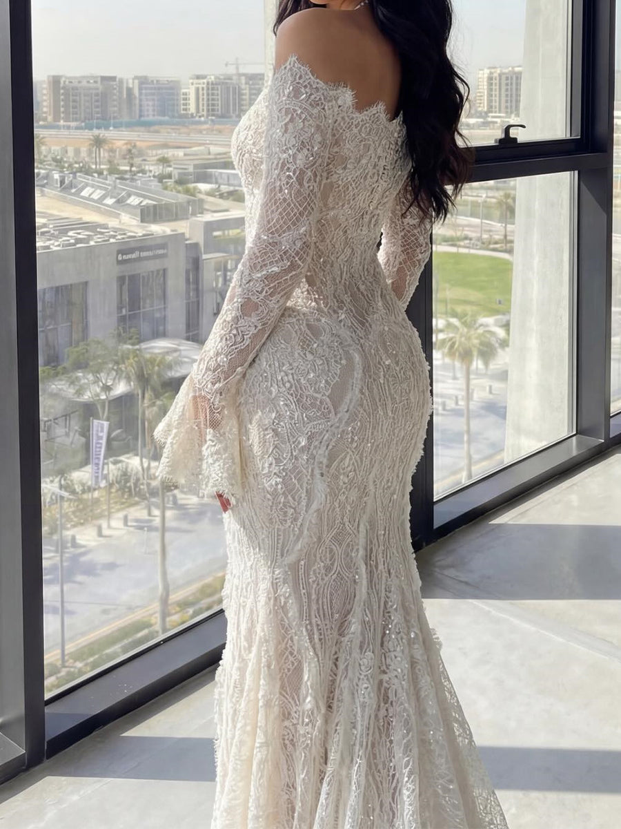 Sheath/Column Cold Shoulder Long Sleeves Pleated Court Train Lace Wedding Dress