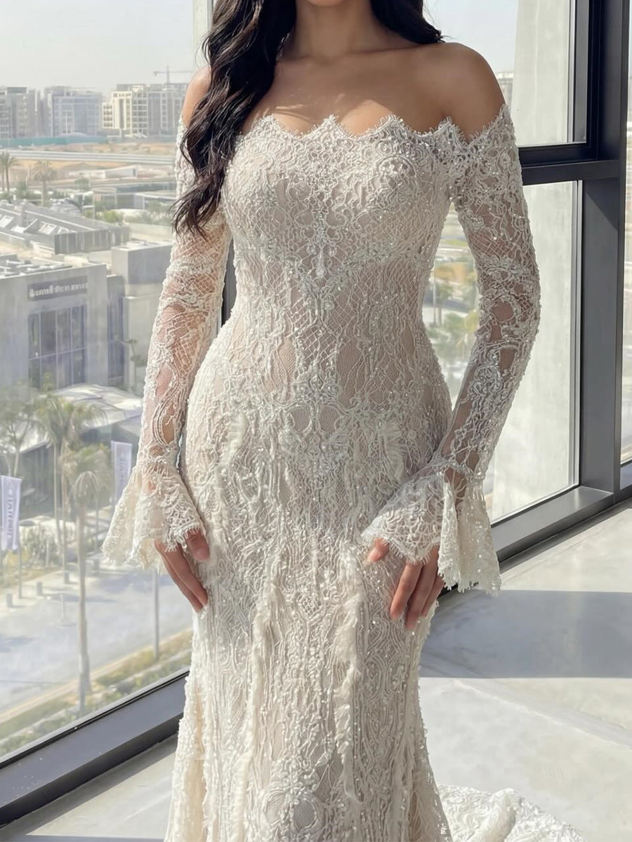 Sheath/Column Cold Shoulder Long Sleeves Pleated Court Train Lace Wedding Dress