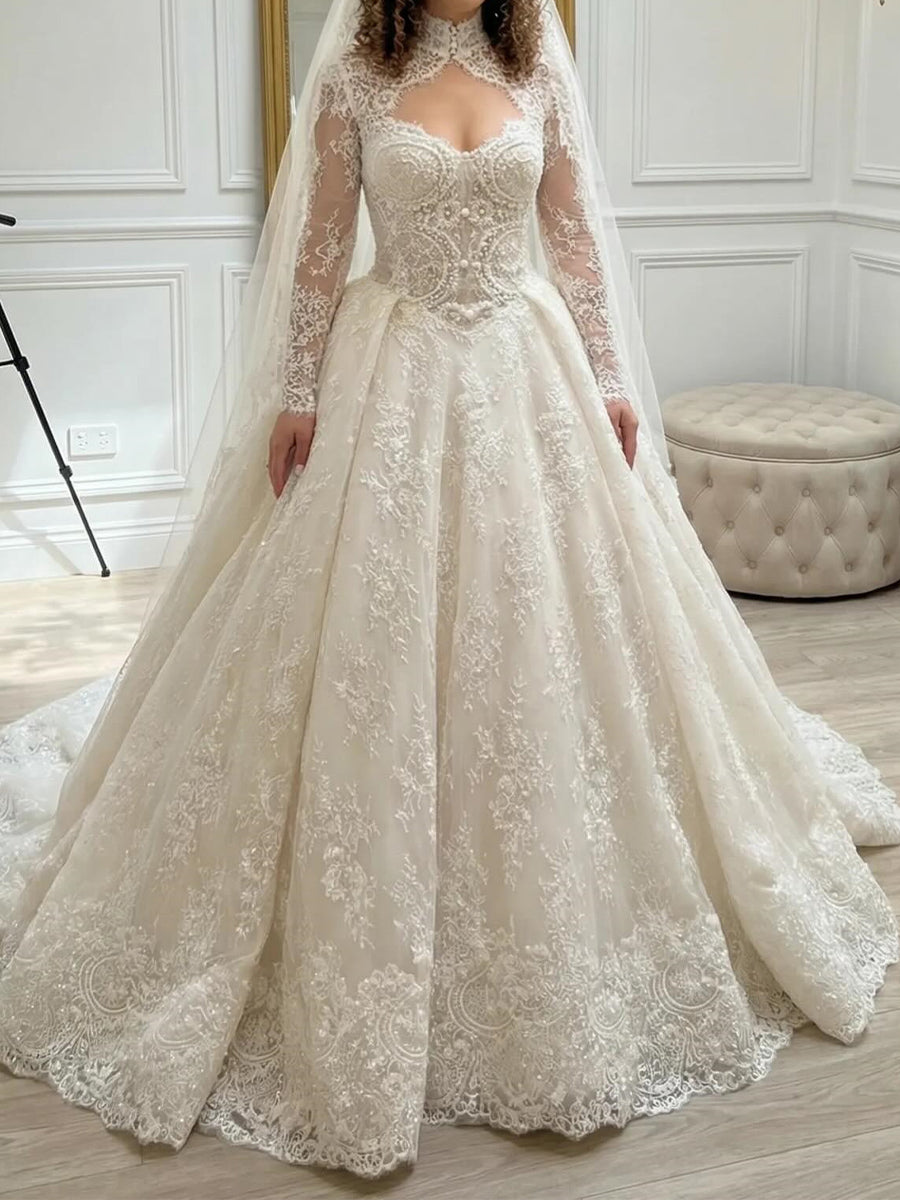 A-line/Princess High Neck Long Sleeves Appliques Lace Chapel Train Lace Corset Wedding Dress