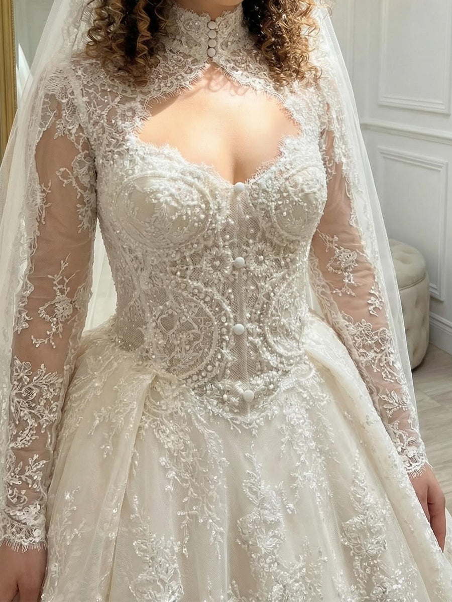 A-line/Princess High Neck Long Sleeves Appliques Lace Chapel Train Lace Corset Wedding Dress