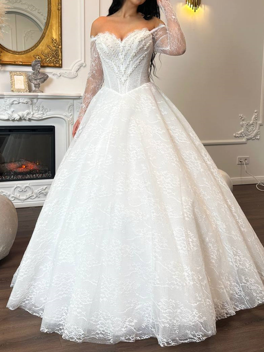 A-line/Princess Off-the-Shoulder Long Sleeves Pleated Floor-Length Lace Corset Wedding Dress