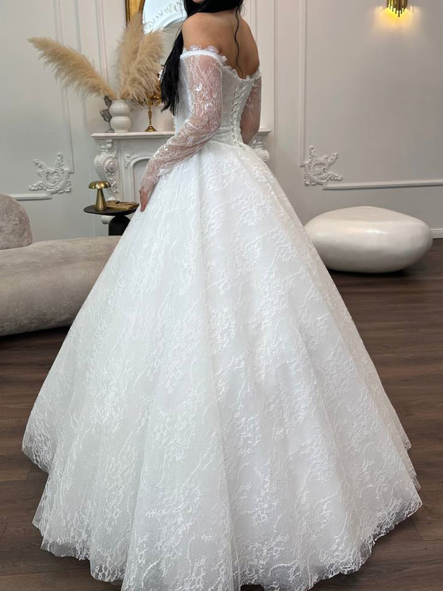 A-line/Princess Off-the-Shoulder Long Sleeves Pleated Floor-Length Lace Corset Wedding Dress