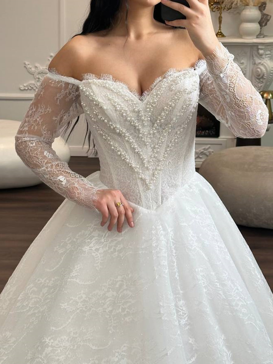 A-line/Princess Off-the-Shoulder Long Sleeves Pleated Floor-Length Lace Corset Wedding Dress