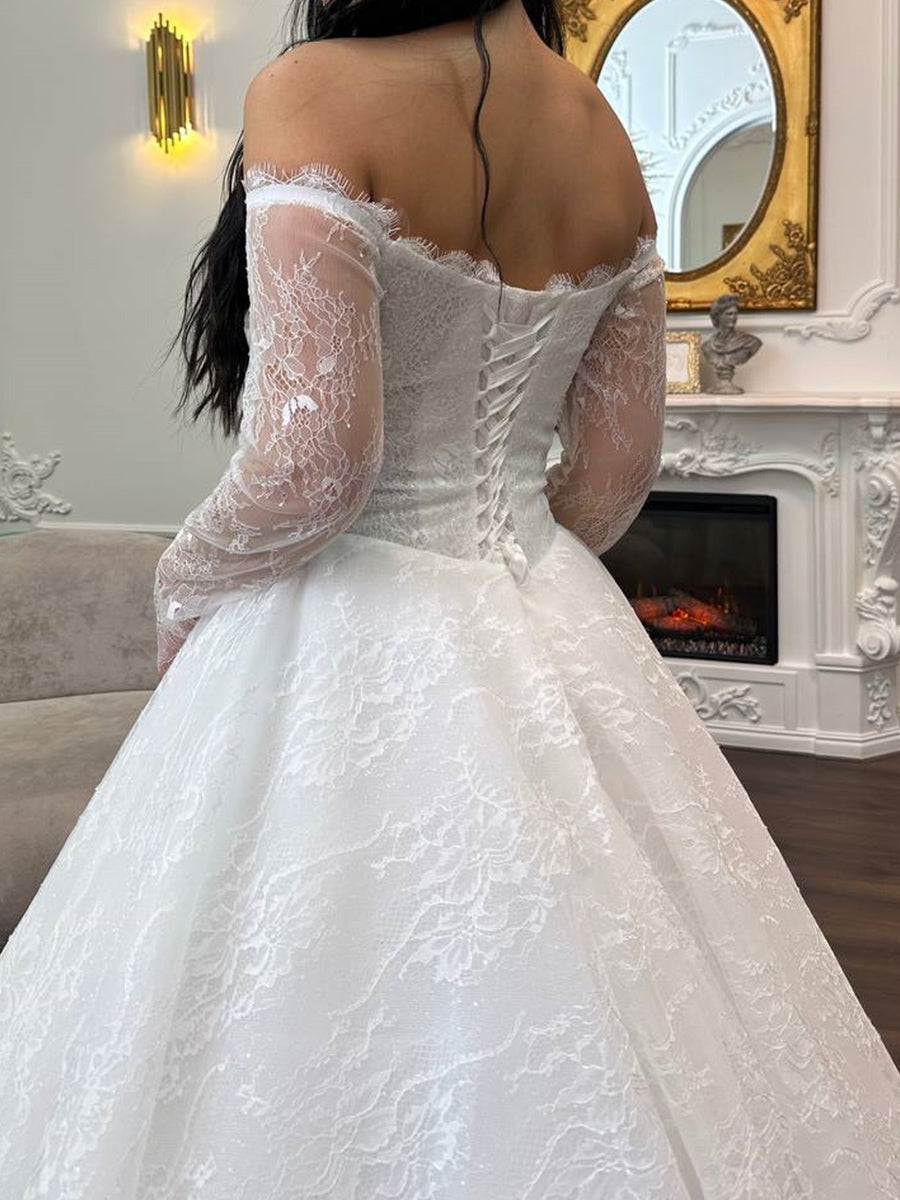 A-line/Princess Off-the-Shoulder Long Sleeves Pleated Floor-Length Lace Corset Wedding Dress