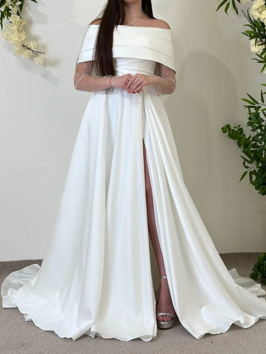 A-line/Princess Off-the-Shoulder Pleated Court Train Silk Like Satin Corset Wedding Dress