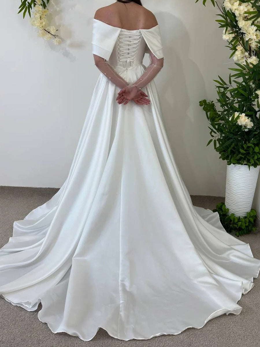 A-line/Princess Off-the-Shoulder Pleated Court Train Silk Like Satin Corset Wedding Dress