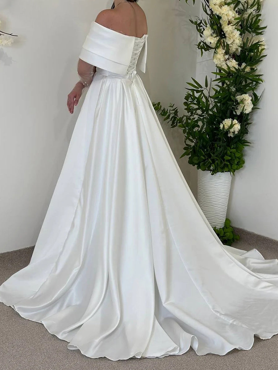A-line/Princess Off-the-Shoulder Pleated Court Train Silk Like Satin Corset Wedding Dress