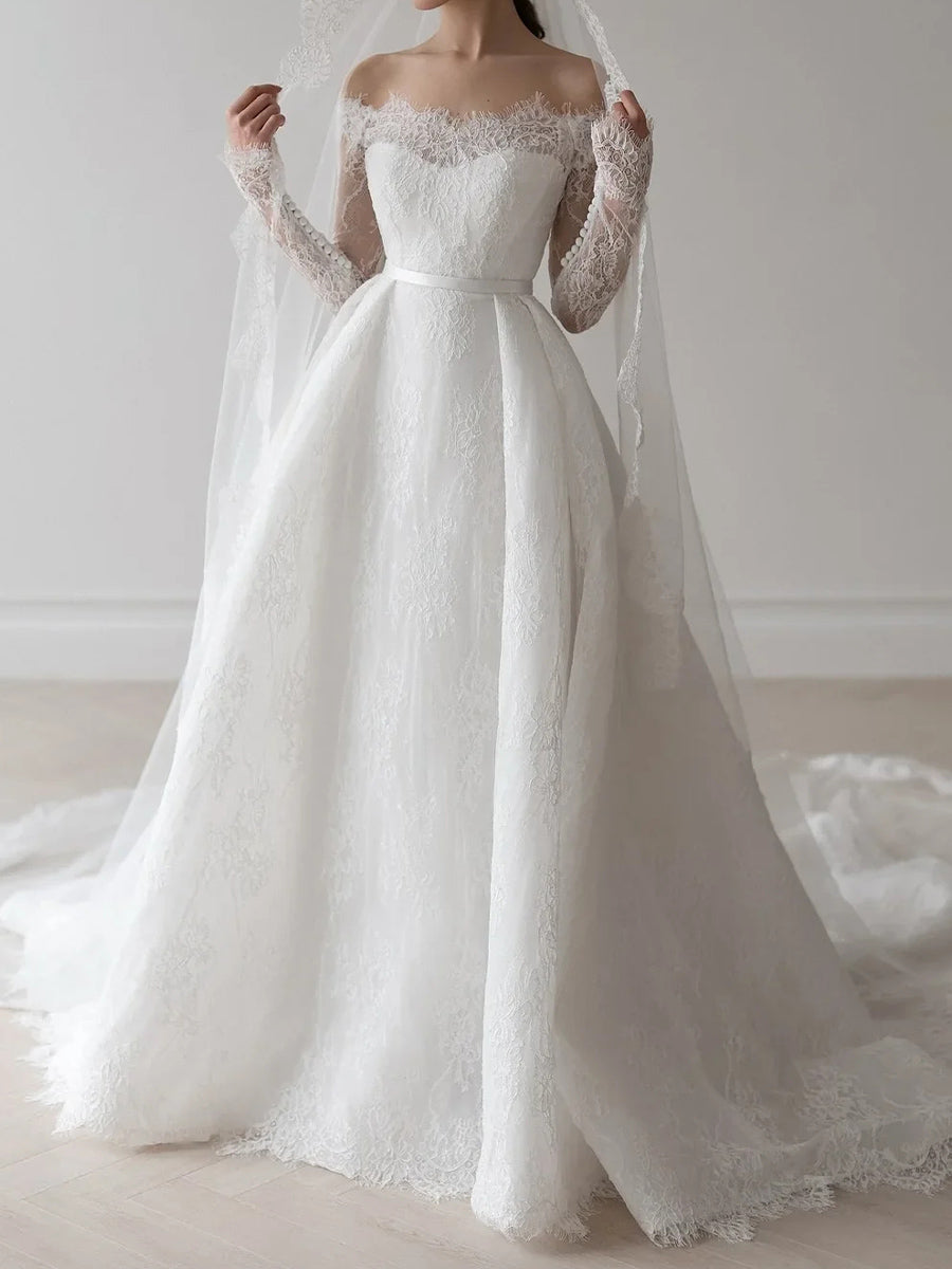A-line/Princess Off-the-Shoulder Long Sleeves Pleated Chapel Train Lace Corset Wedding Dress