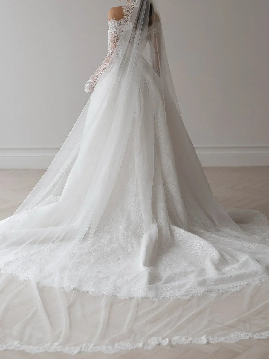 A-line/Princess Off-the-Shoulder Long Sleeves Pleated Chapel Train Lace Corset Wedding Dress