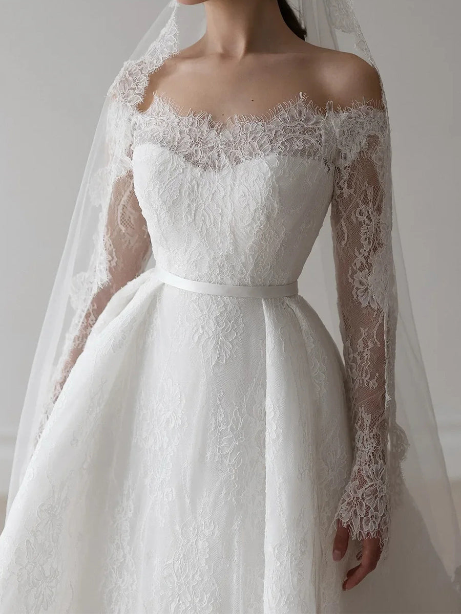 A-line/Princess Off-the-Shoulder Long Sleeves Pleated Chapel Train Lace Corset Wedding Dress