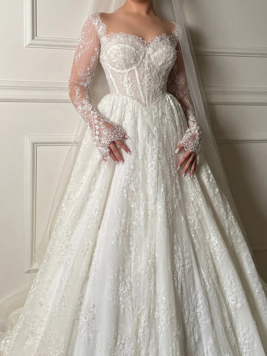A-line/Princess Sweetheart Long Sleeves Appliques Lace Chapel Train Lace Corset Wedding Dress