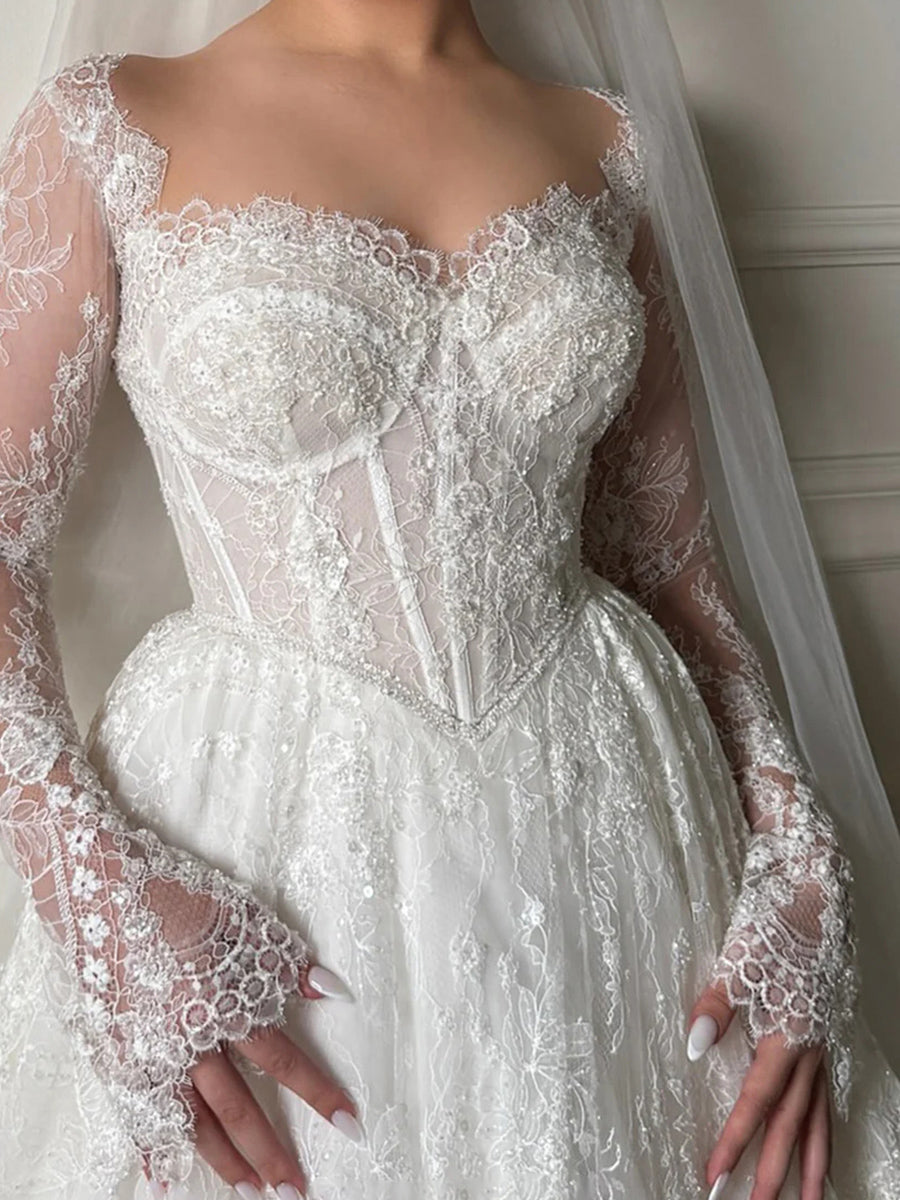 A-line/Princess Sweetheart Long Sleeves Appliques Lace Chapel Train Lace Corset Wedding Dress