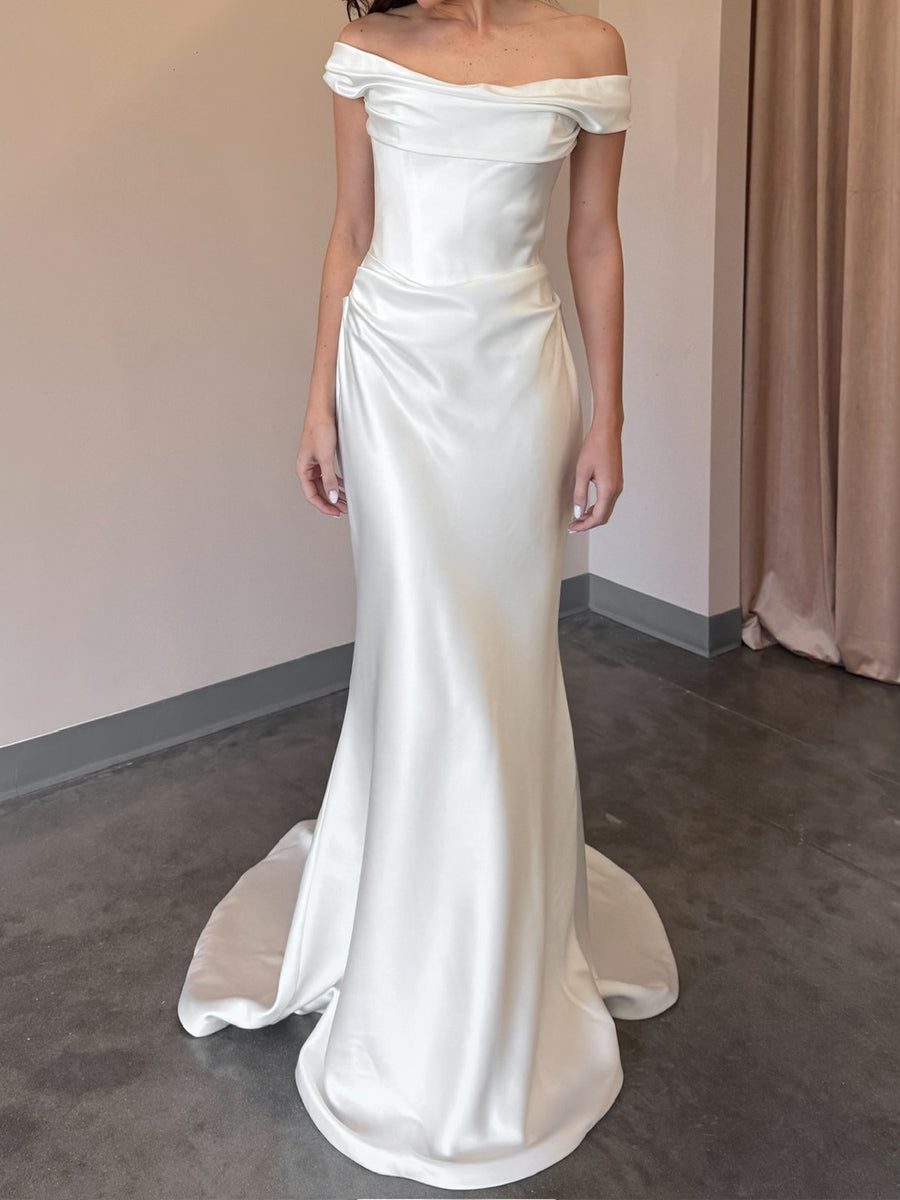 Sheath/Column Off-the-Shoulder Pleated Court Train Silk Like Satin Corset Wedding Dress