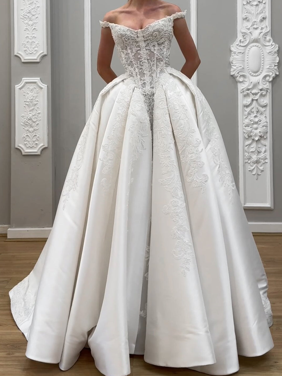 A-line/Princess Off-the-Shoulder Pleated Floor-Length Satin Corset Wedding Dress