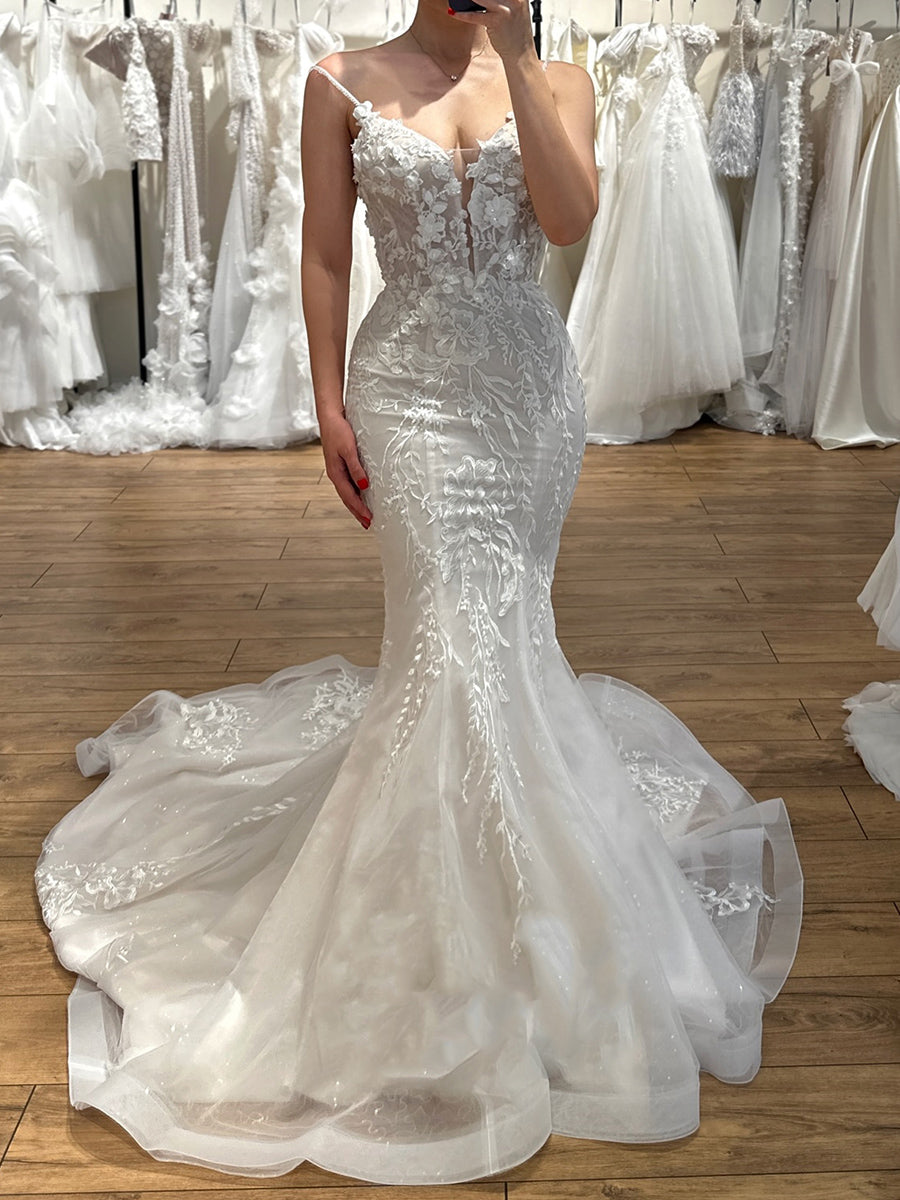 Trumpet/Mermaid Spaghetti Straps Appliques Lace Chapel Train Tulle Corset Wedding Dress