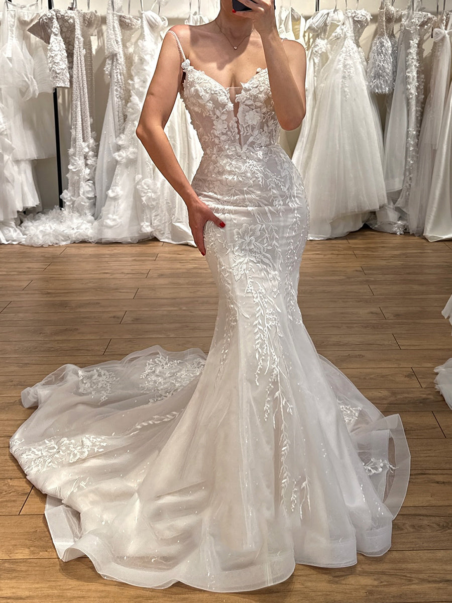 Trumpet/Mermaid Spaghetti Straps Appliques Lace Chapel Train Tulle Corset Wedding Dress