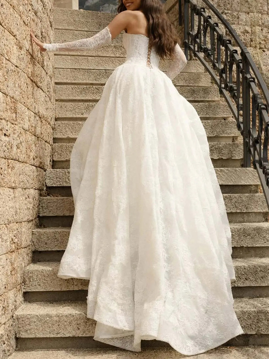 A-line/Princess Sweetheart Long Sleeves Appliques Lace Sweep Train Lace Corset Wedding Dress