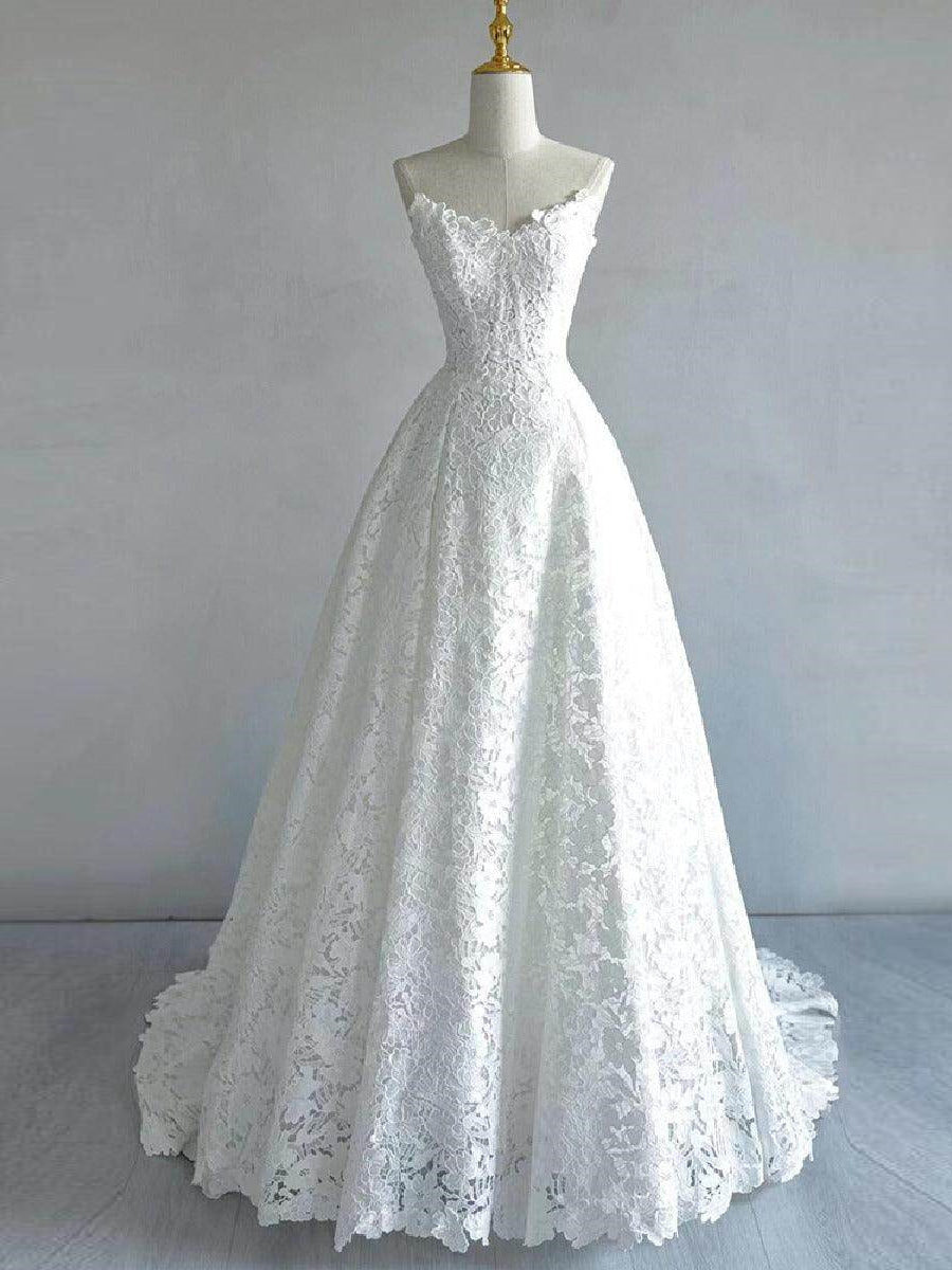 A-line/Princess Bateau Pleated Sweep Train Lace Corset Wedding Dress