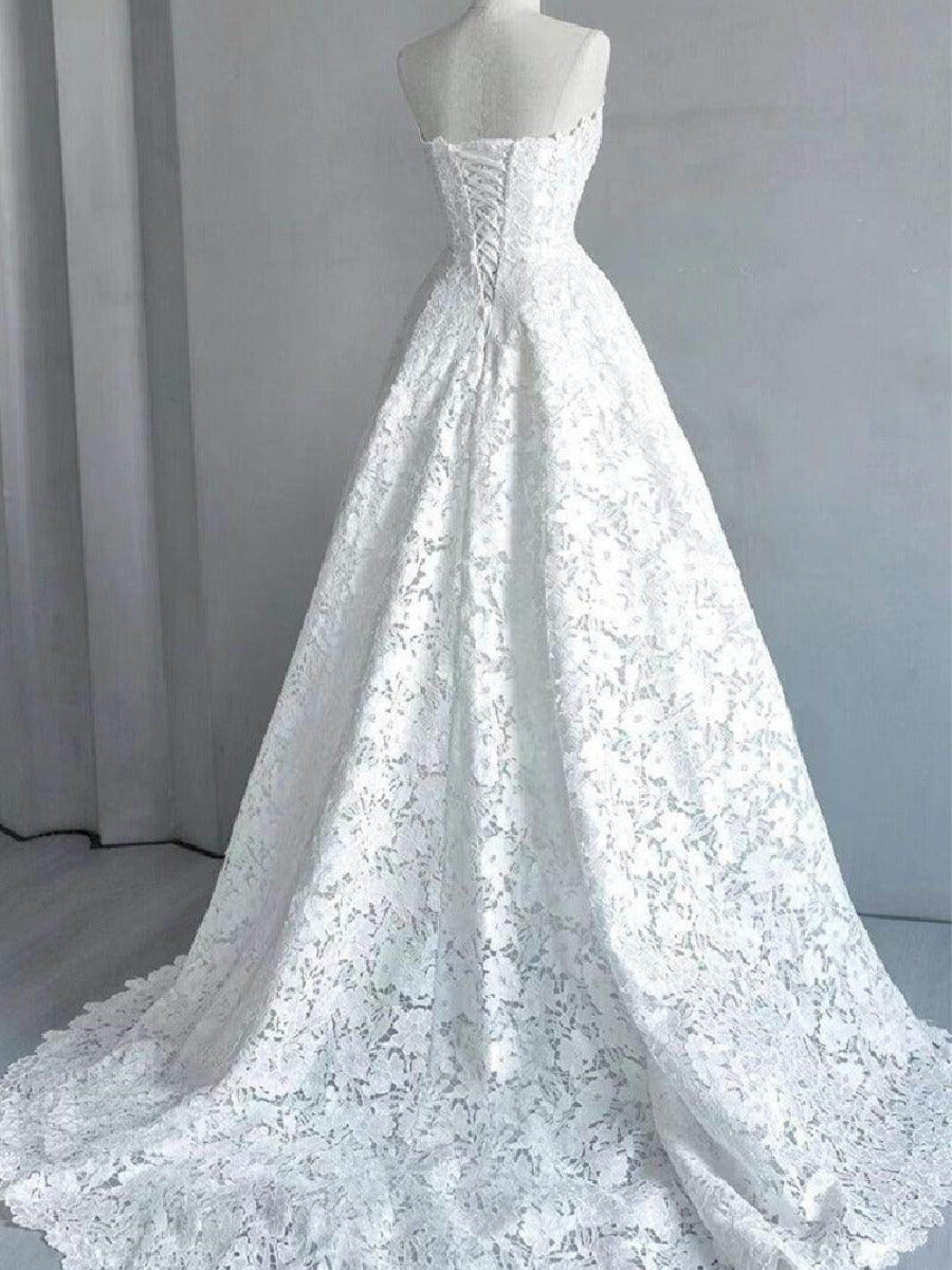 A-line/Princess Bateau Pleated Sweep Train Lace Corset Wedding Dress