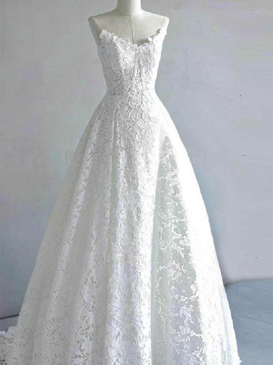 A-line/Princess Bateau Pleated Sweep Train Lace Corset Wedding Dress