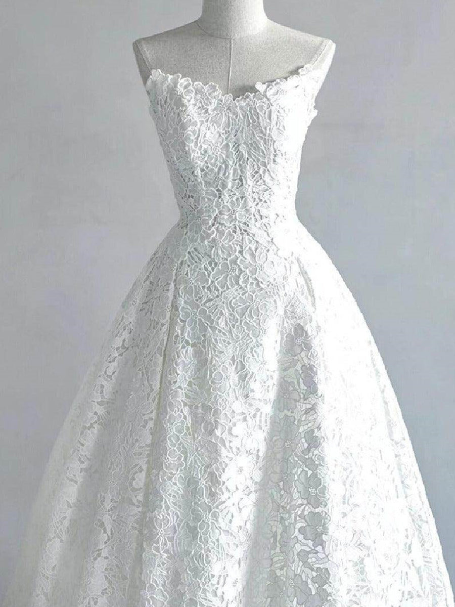 A-line/Princess Bateau Pleated Sweep Train Lace Corset Wedding Dress
