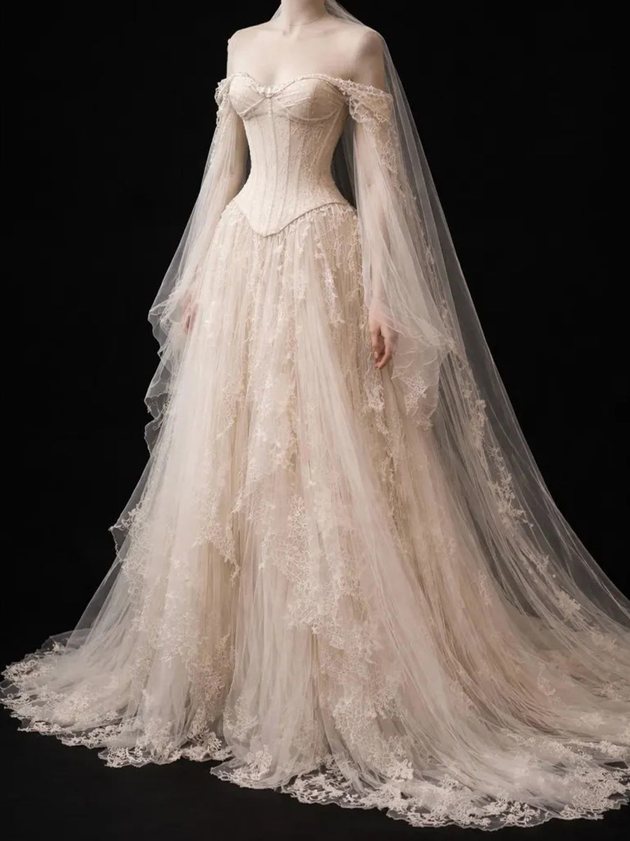 A-line/Princess Off-the-Shoulder Long Sleeves Pleated Sweep Train Lace Corset Wedding Dress