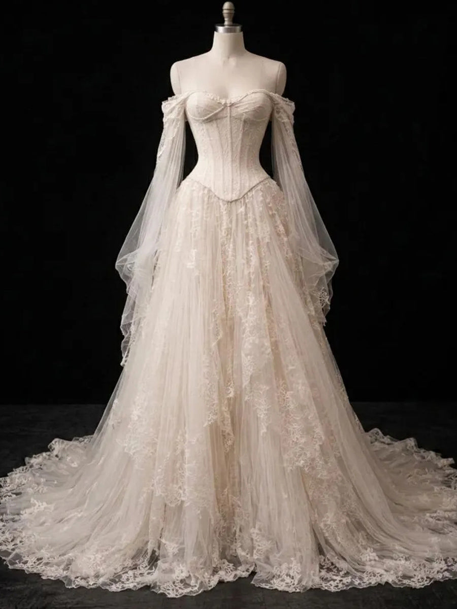 A-line/Princess Off-the-Shoulder Long Sleeves Pleated Sweep Train Lace Corset Wedding Dress