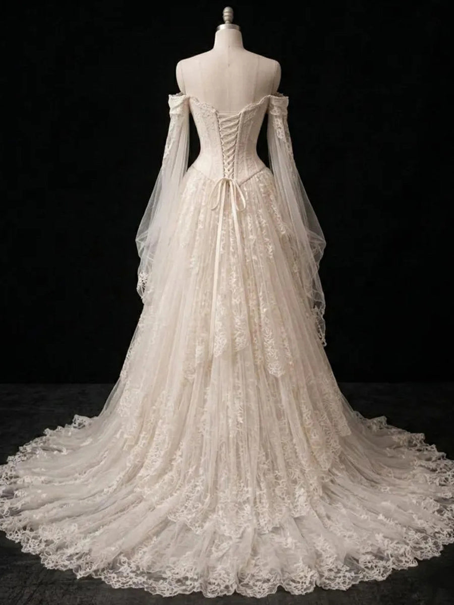 A-line/Princess Off-the-Shoulder Long Sleeves Pleated Sweep Train Lace Corset Wedding Dress