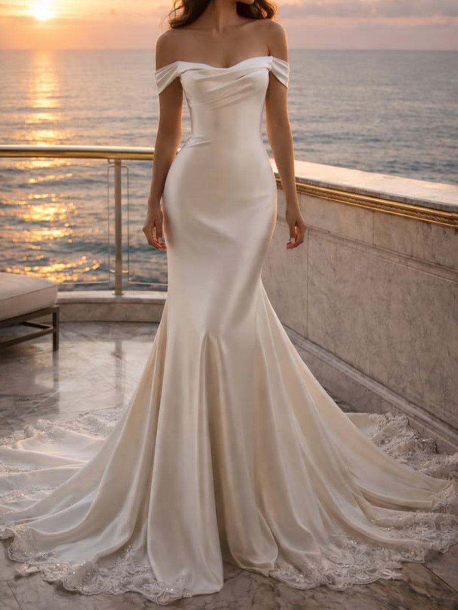 Trumpet/Mermaid Off-the-Shoulder Pleated Chapel Train Corset Wedding Dress