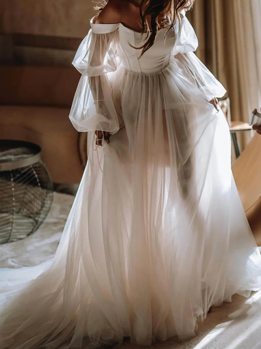 A-line/Princess Off-the-Shoulder Long Sleeves Pleated Chapel Train Tulle Corset Wedding Dress