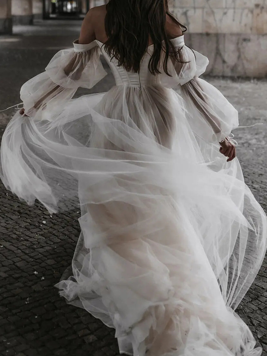 A-line/Princess Off-the-Shoulder Long Sleeves Pleated Chapel Train Tulle Corset Wedding Dress