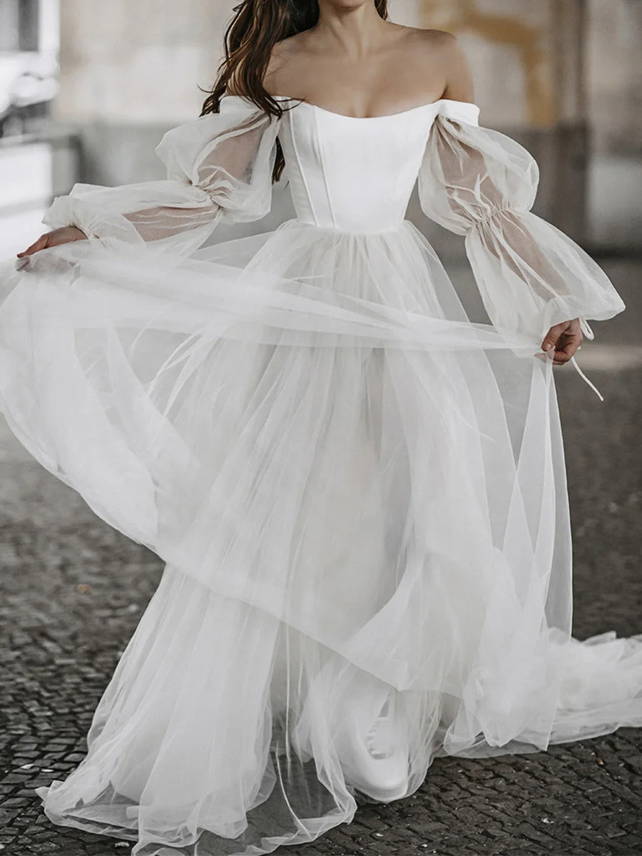 A-line/Princess Off-the-Shoulder Long Sleeves Pleated Chapel Train Tulle Corset Wedding Dress
