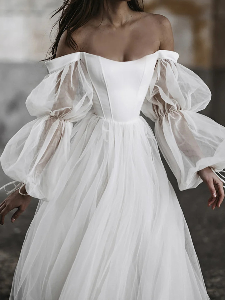 A-line/Princess Off-the-Shoulder Long Sleeves Pleated Chapel Train Tulle Corset Wedding Dress