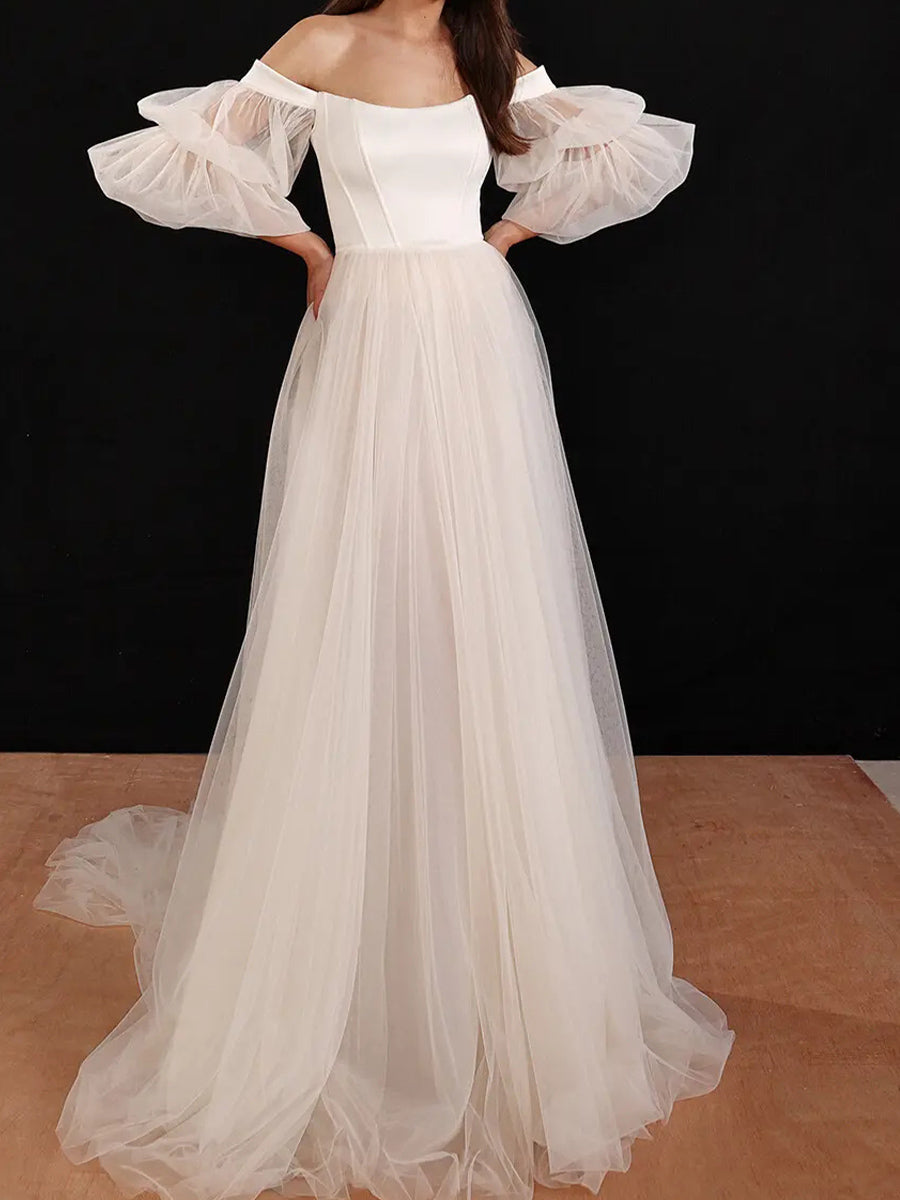 A-line/Princess Off-the-Shoulder Long Sleeves Pleated Chapel Train Tulle Corset Wedding Dress